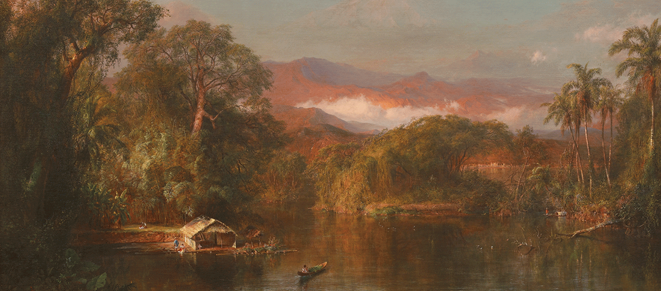 painting of boat on lake with mountains in background