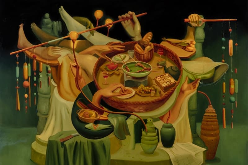 A tangle of hands, legs, arms, trays, vases, French brie, and baguettes.