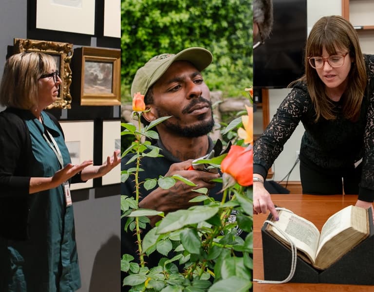 A composite image featuring five photos of staff performing various roles and work environments.