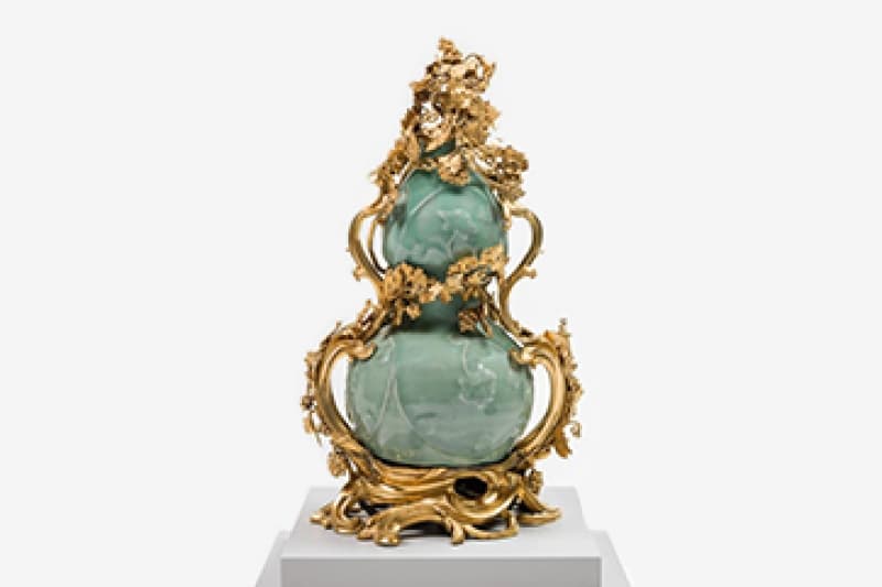 Stoneware with slip-trailed, molded and applied decoration, celadon glaze, gilt-bronze