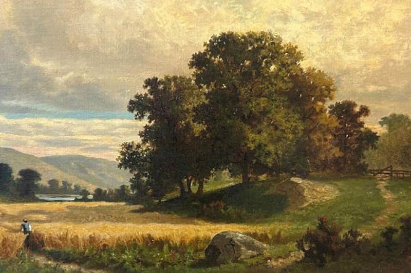 Painting of a person walking through a field of wheat with oak trees on a nearby hill.