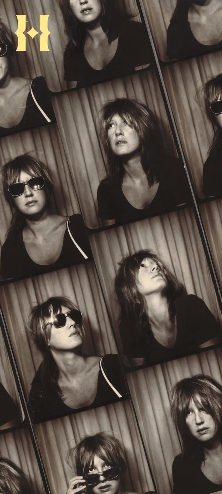 A series of sepia tone photo strips depicting a person with messy hair and sunglasses.