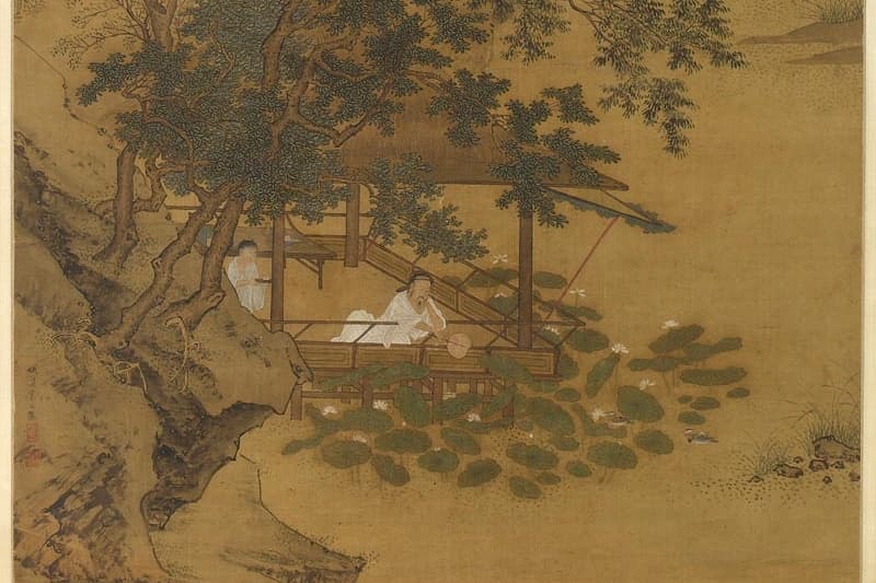 Ink and colors on a brown silk scroll, depicting a rock formation with a waterfall and a pavilion overlooking a pond of lotus leaves and flowers.