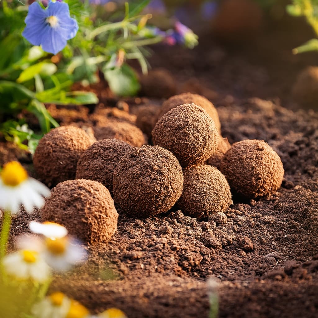 Balls of dirt in a garden.