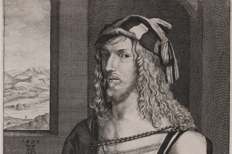 An engraving of a young man in medieval clothing with gloved hands clasped together.