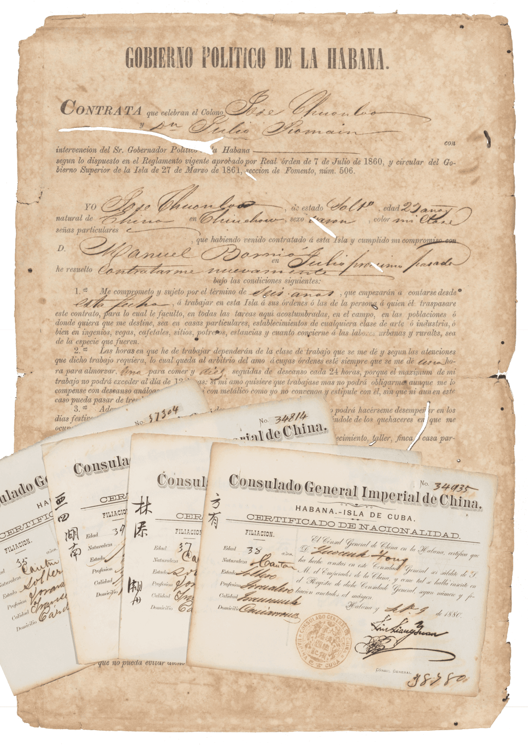 A parchment paper form with printed and handwritten text, overlaid with examples of smaller certificates.