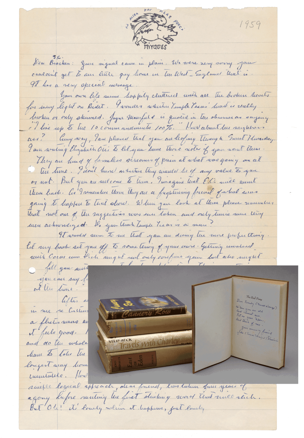 A page with handwritten cursive text and an overlaid image of various books.