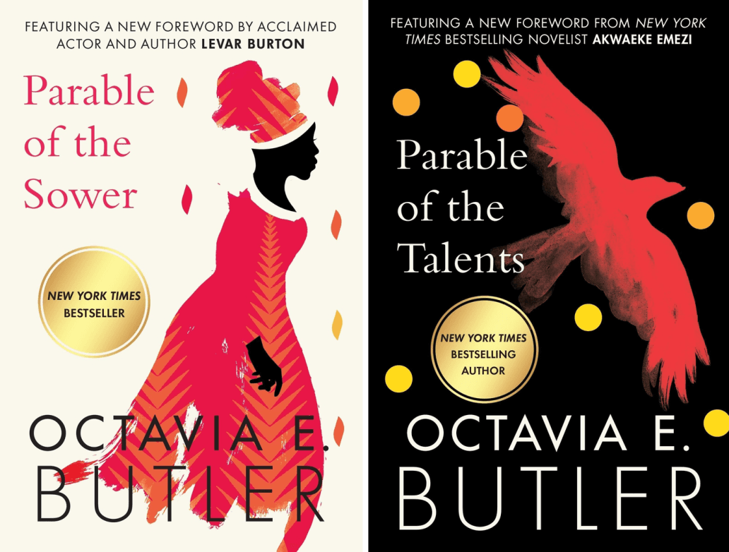 Cover artwork of two books by Octavia E. Butler, on left "Parable of the Sower" and on right "Parable of the Talents."